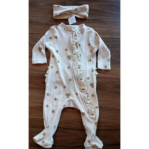 Jessica Simpson Baby Girl Smiley Zip Romper‎ With Headband Sz 0-3 Months Ruffle